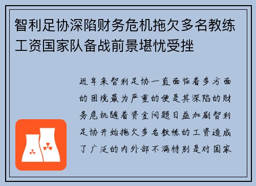 智利足协深陷财务危机拖欠多名教练工资国家队备战前景堪忧受挫